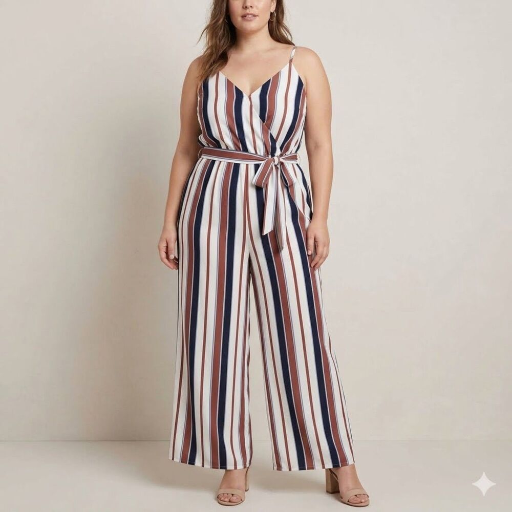 J for Justify Striped Wide Leg Jumpsuit XL Navy Rust White Tie Waist